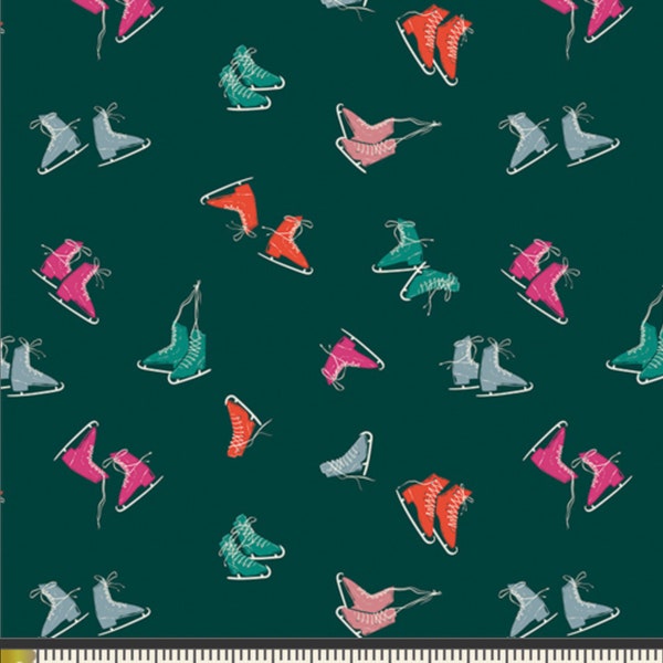 Ice Skating Fabric | Art Gallery Freestyle Winter Christmas in the City | Ice Skates Fabric | Emerald Green Fabric | 1/2 Yard