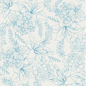 Natural Bouquet Madeira Floral Fabric | Costeria | Art Gallery Fabric | Blue Sketch Floral Print | Cotton Woven Fabric |  Continuous Yardage
