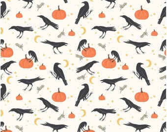 May include: A white fabric with a repeating pattern of black crows, orange pumpkins, and gold stars and crescent moons.