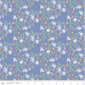 Strawberries Blue Fabric | Chloe Collection | Riley Blake | Flowers Strawberries Clovers Print | Cotton Woven Fabric | Continuous Yardage