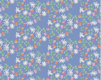 Strawberries Blue Fabric | Chloe Collection | Riley Blake | Flowers Strawberries Clovers Print | Cotton Woven Fabric | Continuous Yardage