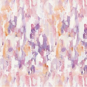 May include: Abstract watercolor pattern in shades of pink, purple, white, and peach. The design features vertical brushstrokes, creating a textured and artistic look. The color palette is soft and feminine, suitable for various applications.