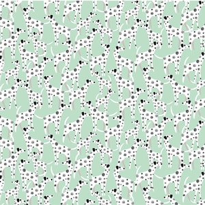 May include: A repeating pattern featuring white dalmatian dogs with black and grey spots set against a pale green backdrop. The dogs are depicted in various poses, creating a playful design.