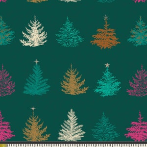 Può includere: Un motivo senza cuciture con una varietà di alberi di Natale stilizzati in tonalità turchese, bianco, oro e rosa su uno sfondo verde scuro.
