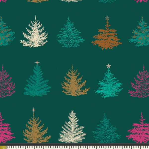 Pretty Christmas Trees Fabric | Art Gallery Christmastime Glow | Christmas Jewel Tone | Christmas Trees Cotton Fabric | Continuous Yardage