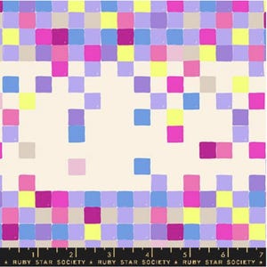 May include: Fabric with a repeating pattern of colorful squares in shades of pink, purple, blue, and yellow on a cream background. The text "RUBY STAR SOCIETY" is printed along the bottom edge.