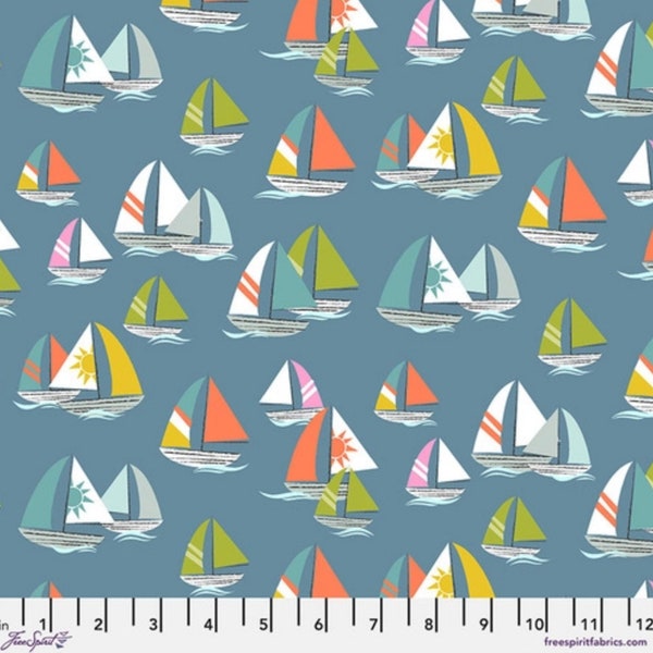 Sailboat Fabric | Free Spirit Fabrics Sail Away in Blue | Colorful Vintage Sailboats | Ocean Fabric | Nautical Cotton Fabric | 1/2 Yard