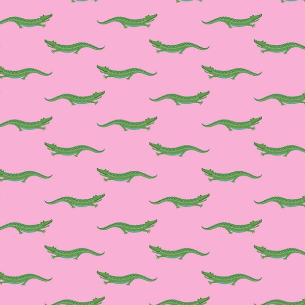 Croc My World Pink Green Alligator Fabric | Dear Stella Fabrics | Shine On Collection | Preppy | Cotton Woven Fabric | Continuous Yardage