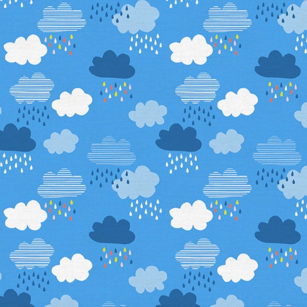 Over The Rainbow Clouds Fabric  |  Paintbrush Studio   | Blue White Navy   |  Rainbow Rainy Raindrops | Cotton Woven  |  Continuous Yardage