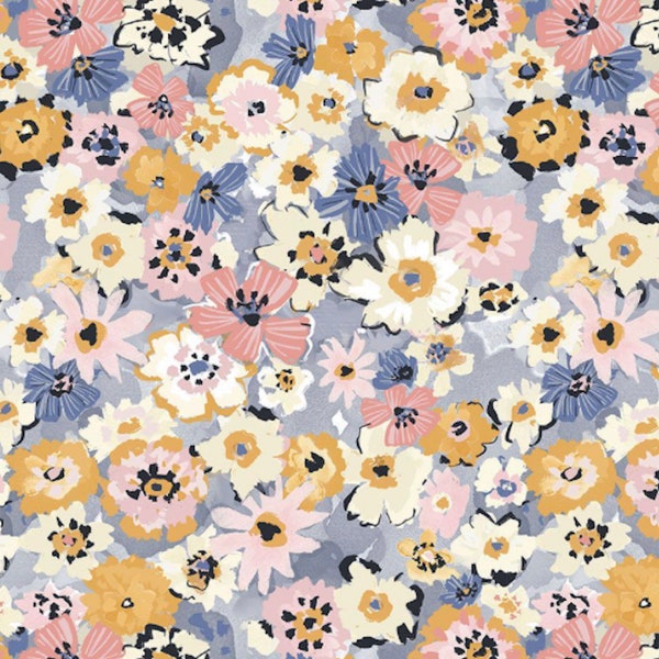 Fleurs Floral Fabric | Dear Stella Fabric | Ma Belle |  Purple Lavender Mustard Pink Floral  |  Cotton Woven Fabric  | 1/2 Yard