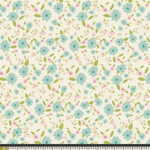 May include: A fabric with a repeating floral pattern. The design features light blue daisy-like flowers, small pink flowers, and green leaves on a cream background. The pattern is approximately 20 cm wide.
