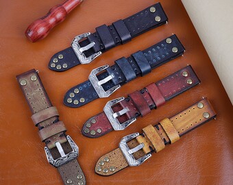 Rivet Watch Strap 18mm 20mm 22mm 24mm Vintage Handmade Watchband Black Blue Red Brown Color Personalized Watch Band