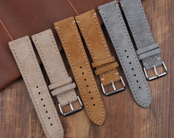 Suede Watch Strap 18mm 20mm 22mm 24mm Leather Watch Band Gray Tan Beige Leather Watch Strap Full Stitch Watchstrap Personalized Watchband