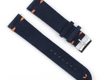 Suede Leather Watch Strap 18mm 20mm 22mm 24mm Dark Blue Color Handmade Leather Watch band Orange/Red/White Stitched Mens Watch Bands