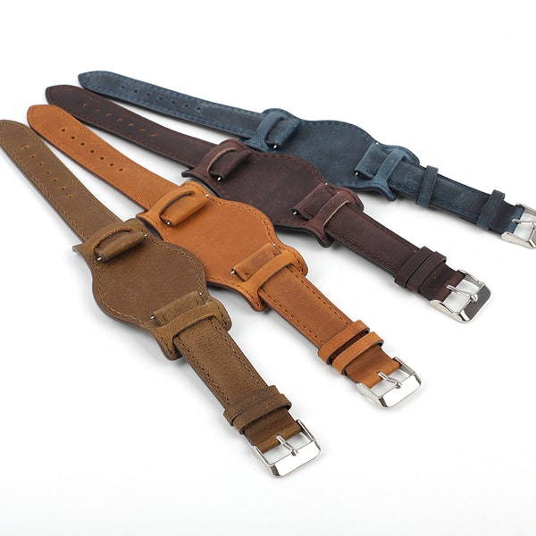 Leather Bund Strap 18mm 19mm 20mm 21mm 22mm Watch Strap Blue Brown Handmade Vintage Style Mens Leather Watch Cuff Band