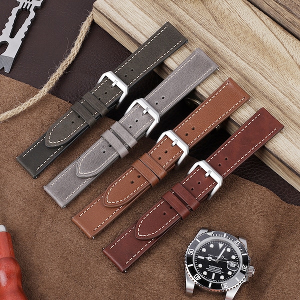 Leather Watch Strap 20mm 22mm Gray Brown Smoky Red Color Watch Band Quick Release Watch Band Replacement Personalized Watchband