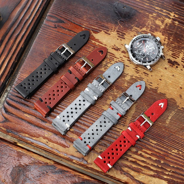 Handmade Genuine Leather Black Red Gray Watch Strap 18mm 20mm 22mm 24mm Watchband Replacement Women Mens Leather Watch Band