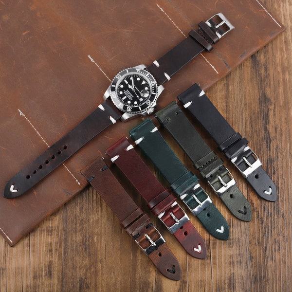 Vintage Leather Watch Strap Band 16mm 18mm 19mm 20mm 21mm 22mm Oil Wax Cowhide Leather Black Green Red Blue Color Quick Release Watchband