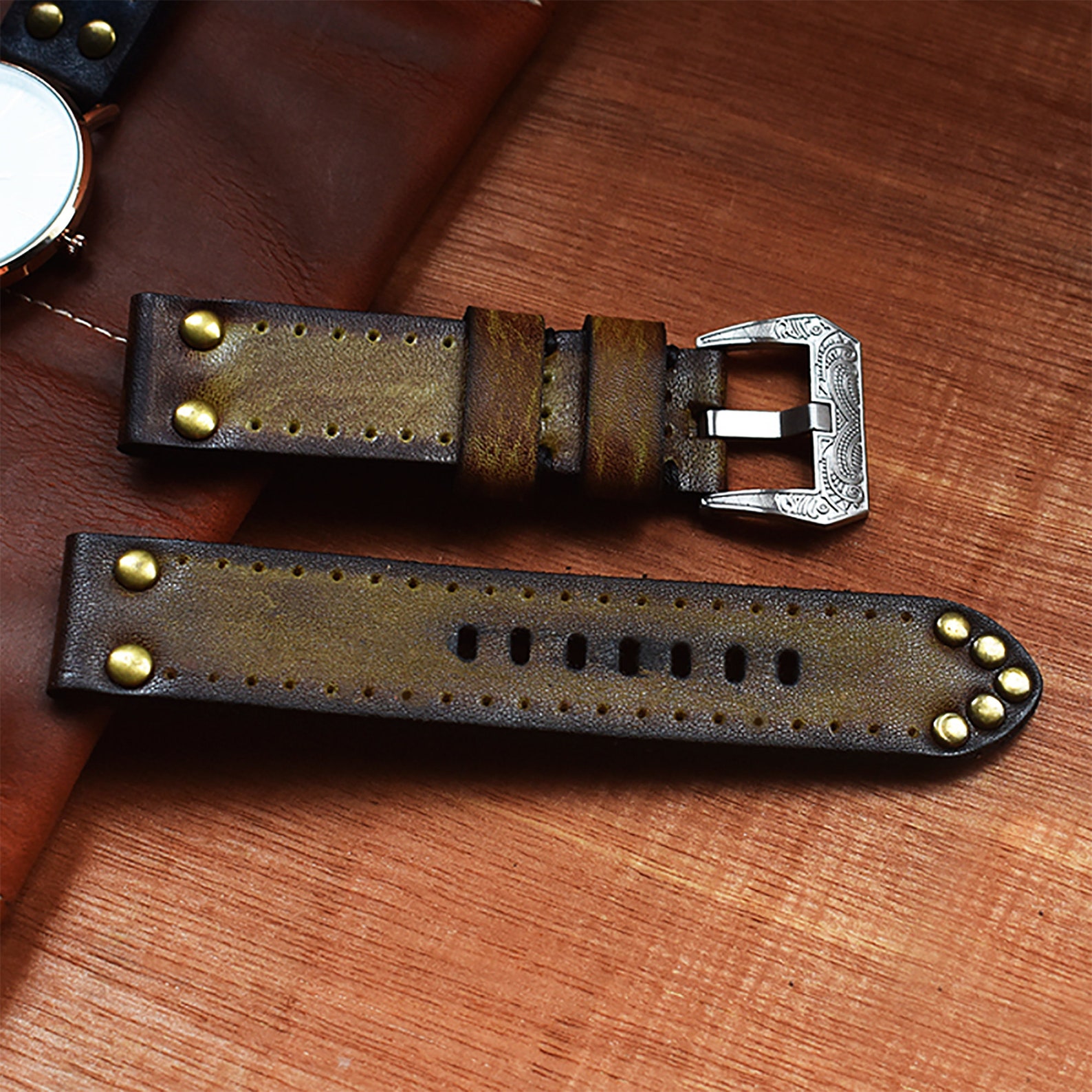 Leather Watch Strap With Rivets 18mm 20mm 22mm 24mm Vintage Etsy