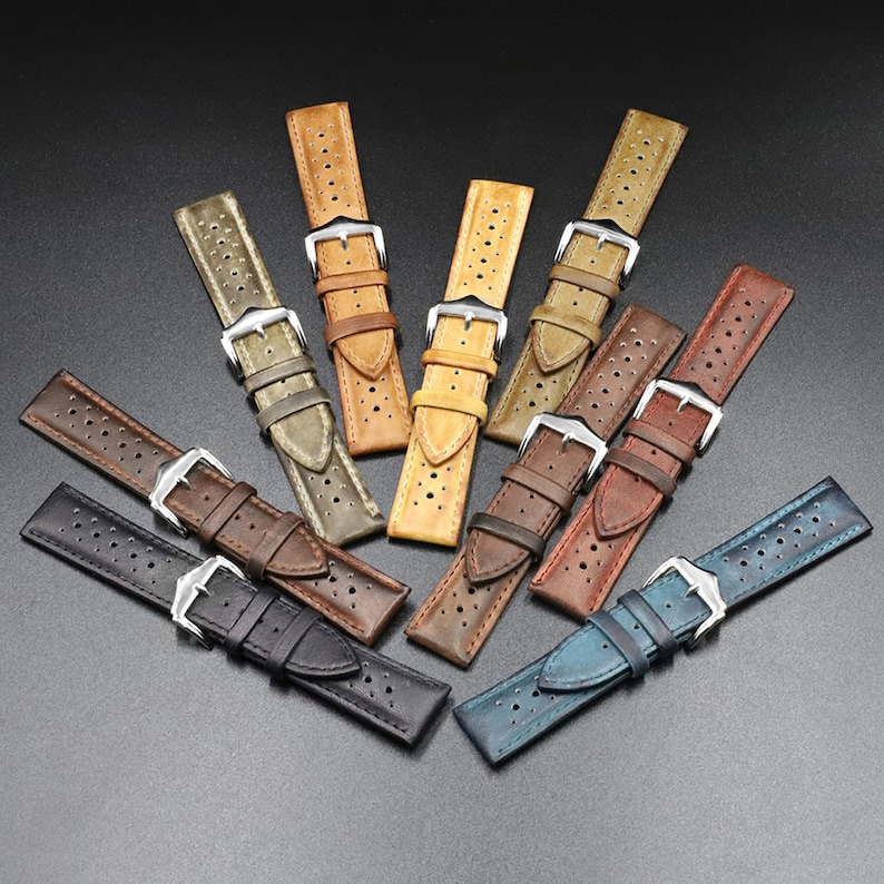 Vintage handgemaakte lederen horlogebandjes Multi kleuren opties maat in 20mm 22mm 24mm horlogeband vervanging herenhorlogeband afbeelding 9