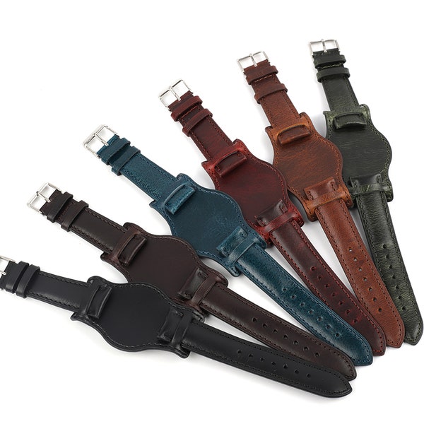 Leather Bund Strap 18mm 19mm 20mm 21mm 22mm Watch Strap Blue Green Red Colors Handmade Vintage Style Mens Leather Watch Cuff Band