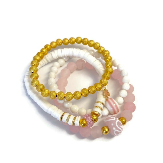 Initial and Rhinestone Beads Handmade Silver Elephant Charm Stretch Bracelet with Rose Quartz Gemstone