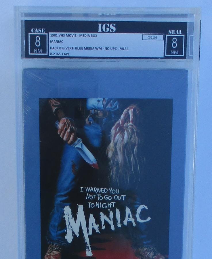1981 MANIAC Horror Movie Vhs Tape, IGS 8 Graded Near Mint, Media