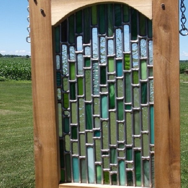 Arch top Remberance piece - green. Original framed stained glass.