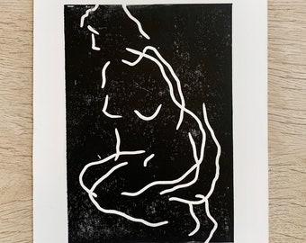 Figura desnuda arrodillada Linocut Print