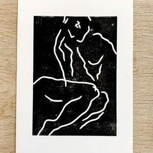 Nude Figure Thinking Linocut Print