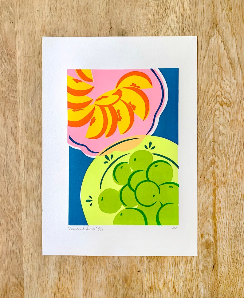 Colourful Peaches and Limes Fruit Still Life Screen Print image 1