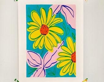 A2 Yellow Flowers Monotype/Screen Print