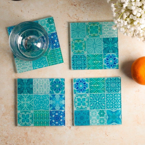 Seaglass Mosaic 'Tile' coasters, Pretty Blue Green Glass Mug Mat Set, Hand printed in England, Mix and Match Design, Country style kitchen