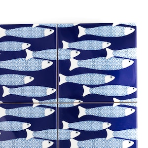 SET of 20 Navy blue fish tiles, FREE UK Delivery, Ocean Tile Feature Wall, beach house decor, hand printed ceramic mural, seaside home decor