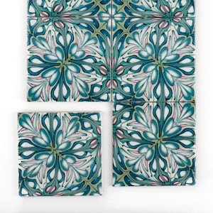 William Morris  Arts and Crafts tiles, handmade blue green tiles, tiles for Aga splashback, feature wall tiles, 6 inch botanical design teal
