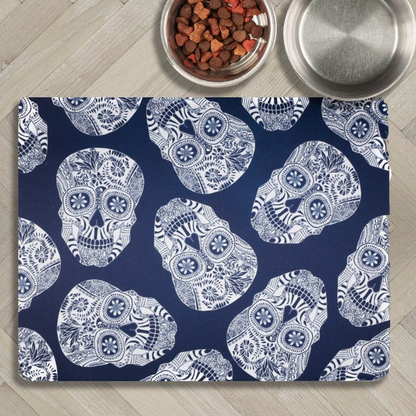 Skull Waterproof Washable Dog Food Mat, Navy Blue and White design, 30x39cm Pet Food mat, Cat Lover Gift, Fur Baby Christmas Gift
