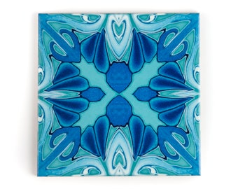 Turquoise art deco tiles, colourful blue turquoise kitchen tiles, victorian house decor, millefiori design tiles, cast iron fireplace cheeks