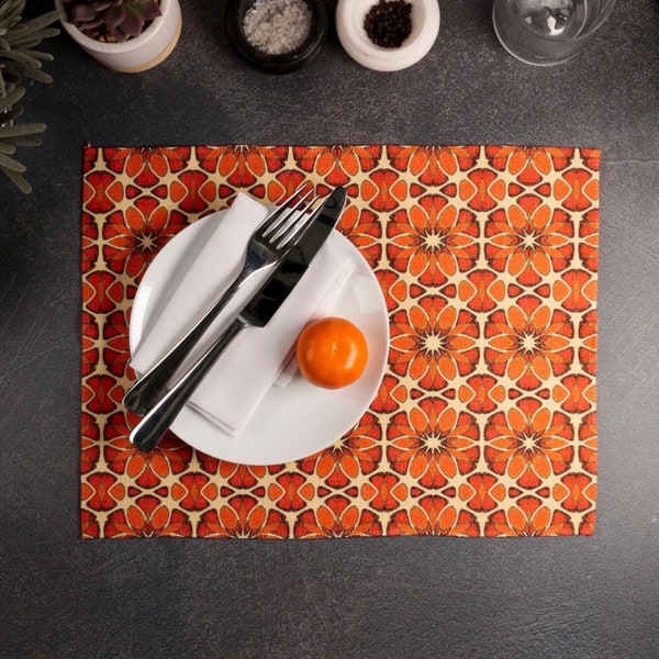 Orange Moroccan Flower Placemat, Machine Washable Fabric, Canvas Table mat, Red Apricot Cream,  15 x 12 inch, machine washable tablemat