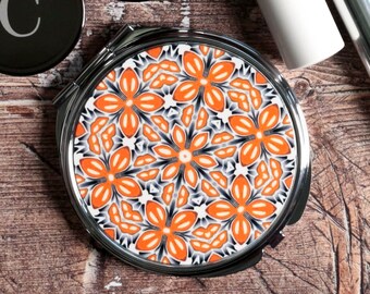 Orange Fox Flower Compact Mirror - Small Makeup Mirror - Portable Vanity Mirror - Folding Hand Mirror - Gift for Gardener - Flower Compact