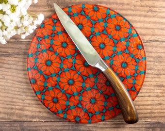 Poppy Red Orange Worktop Protector,  20cm Chopping Board, Heatproof Pot Stand, glass serving platter, orange red blue, handmade kitchen