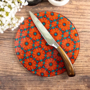 Poppy Red Orange Worktop Protector,  20cm Chopping Board, Heatproof Pot Stand, glass serving platter, orange red blue, handmade kitchen