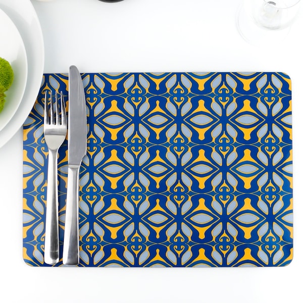 Blue grey yellow placemat, colourful table mat, extra large melamine placemat, 32cm x 23 cm / 12.6 inch x 9 inch, high quality tablemat