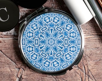 Blue Turkish Millefiori Compact Mirror - Small Makeup Mirror - Portable Vanity Mirror - Folding Hand Mirror - Gift for Gardener -  Compact