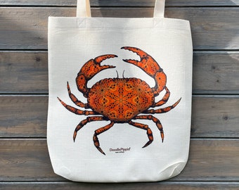 Crab Tote Bag, Cancer Horoscope Gift, Art shopper, Fun Shoulder Bag, Handprinted Linen Duffel, Strong Canvas Bag, Seafood Motif Carry All