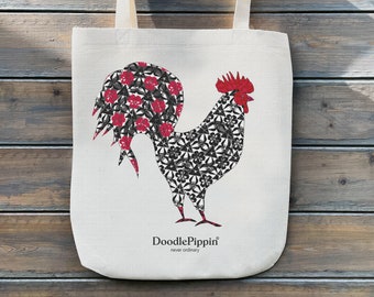 Red Tailed Cockerel Tote Bag, Chicken Shopper, Fun Shoulder Bag, Handprinted Linen Duffel, Strong Colourful Canvas Bag, Poultry Keeper Gift