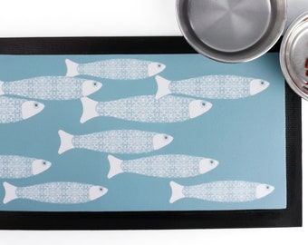 Ocean Fish Cat Food Mat, protecteur de sol imperméable, tapis de nourriture en tissu et en caoutchouc conçu par un artiste, tapis d’alimentation pour chaton en néoprène, cadeau pour amoureux des chats