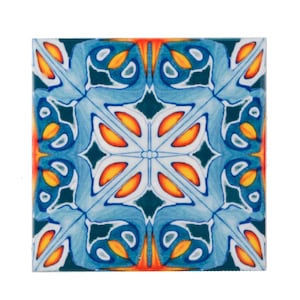 Cheerful Orange & Indigo ceramic tiles, 10cm square Spanish tiles, kitchen tiles, rustic kitchen decor, decorative handmade craftsman tile