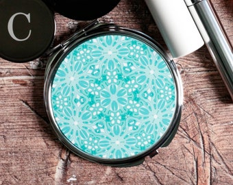 Miroir Compact Millefiori Bleu Turquoise - Petit Miroir de Maquillage - Miroir de Vanité Portable - Miroir Pliant - Cadeau pour Jardinier - Compact