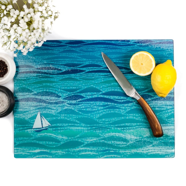 Sailing Chopping Board, Rich Blue Turquoise Ocean-lover gift, Heatproof Pan Stand, Serving plate, Sailing Gift, Yacht Decor