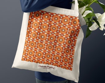 Moroccan Flower Tote Bag, Strong Machine-Washable Shopper, Pretty Shoulder Bag, Handprinted Linen Canvas Duffel, Orange Red Flower Design